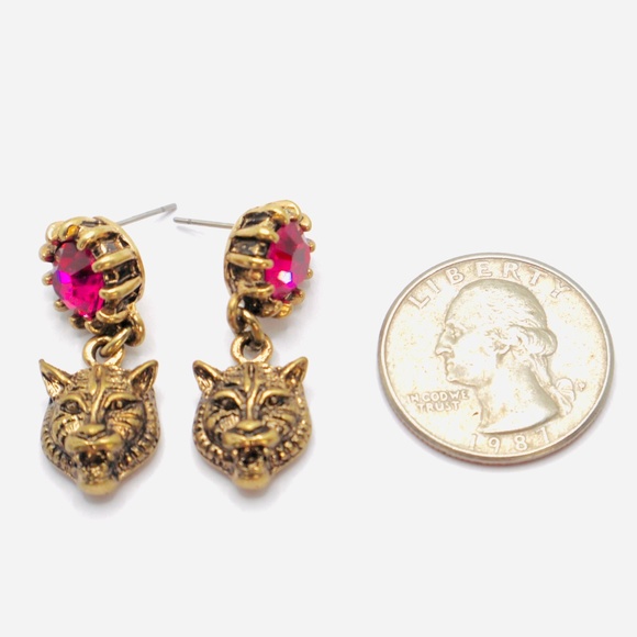 TIGER Earrings Antique Gold Bronze Pink New Jungle Hunter Cat Big Cheetah - Picture 3 of 3
